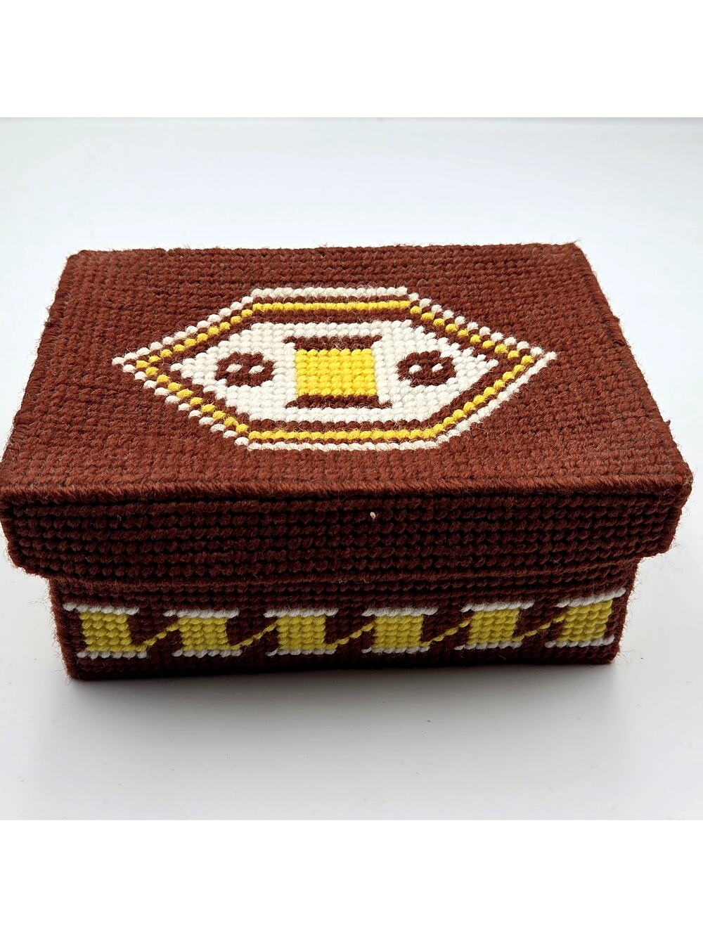 Vintage 80's Plastic Canvas Brown Yarn Sewing Box Felt Lined
